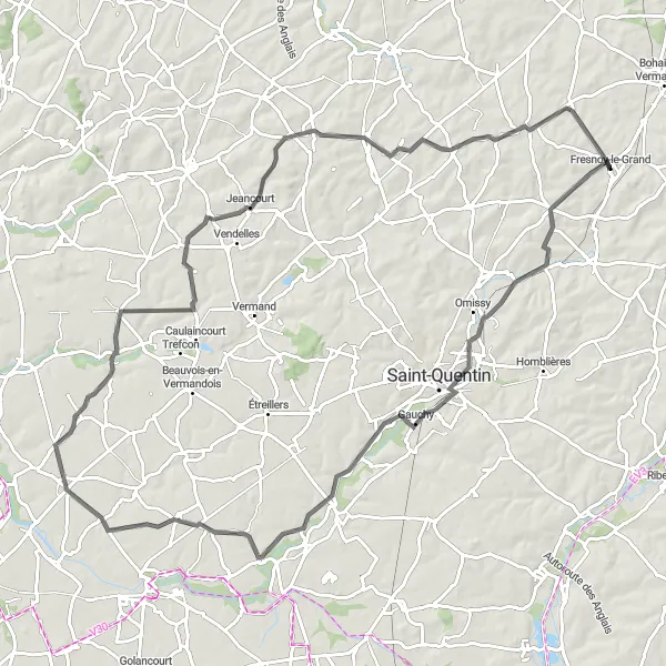 Miniature de la carte de l'inspiration cycliste "Le Circuit du Patrimoine Picard" dans la Picardie, France. Générée par le planificateur d'itinéraire cycliste Tarmacs.app