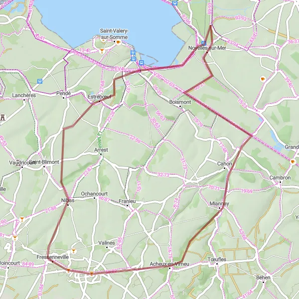 Map miniature of "Explore Estrébœuf, Noyelles-sur-Mer, and Acheux-en-Vimeu" cycling inspiration in Picardie, France. Generated by Tarmacs.app cycling route planner