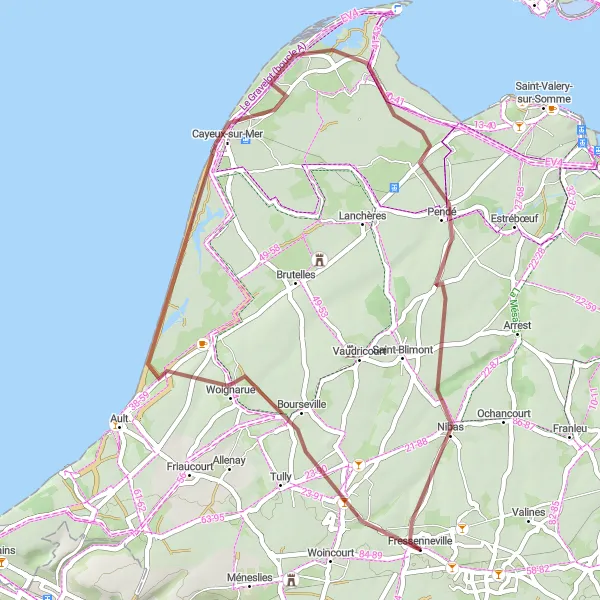 Map miniature of "Scenic Tour through Friville-Escarbotin, Woignarue, Cayeux-sur-Mer, and Nibas" cycling inspiration in Picardie, France. Generated by Tarmacs.app cycling route planner