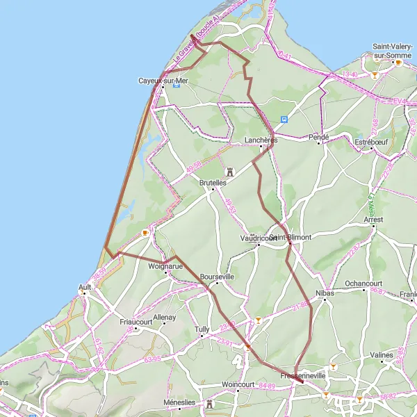 Map miniature of "Coastal Gravel Exploration" cycling inspiration in Picardie, France. Generated by Tarmacs.app cycling route planner