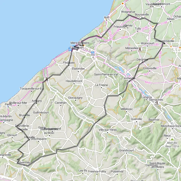 Map miniature of "Mountains to Sea Adventure: Incheville to Le Tréport" cycling inspiration in Picardie, France. Generated by Tarmacs.app cycling route planner