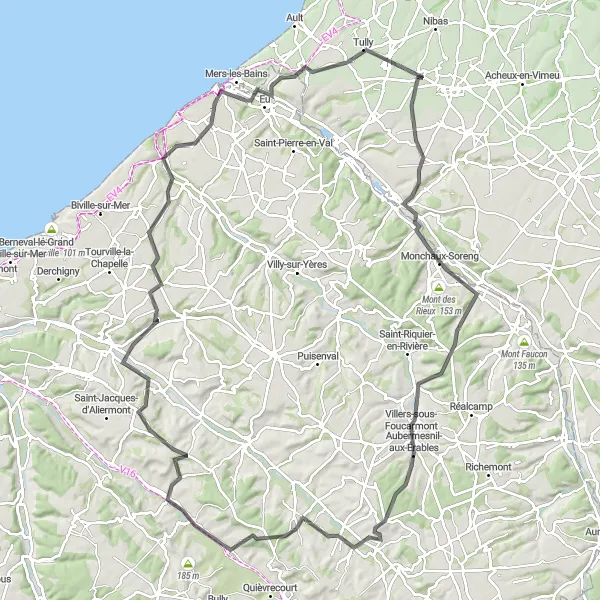 Map miniature of "Challenging Loop through the Vimeu" cycling inspiration in Picardie, France. Generated by Tarmacs.app cycling route planner