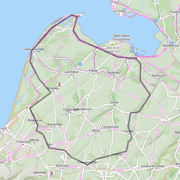 Miniature de la carte de l'inspiration cycliste "Les Chemins de la Baie" dans la Picardie, France. Générée par le planificateur d'itinéraire cycliste Tarmacs.app