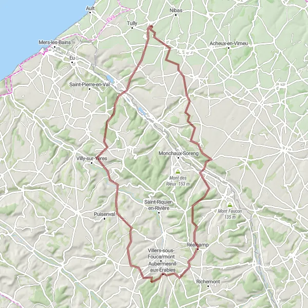 Miniature de la carte de l'inspiration cycliste "Circuit de la Vallée de l'Yères" dans la Picardie, France. Générée par le planificateur d'itinéraire cycliste Tarmacs.app