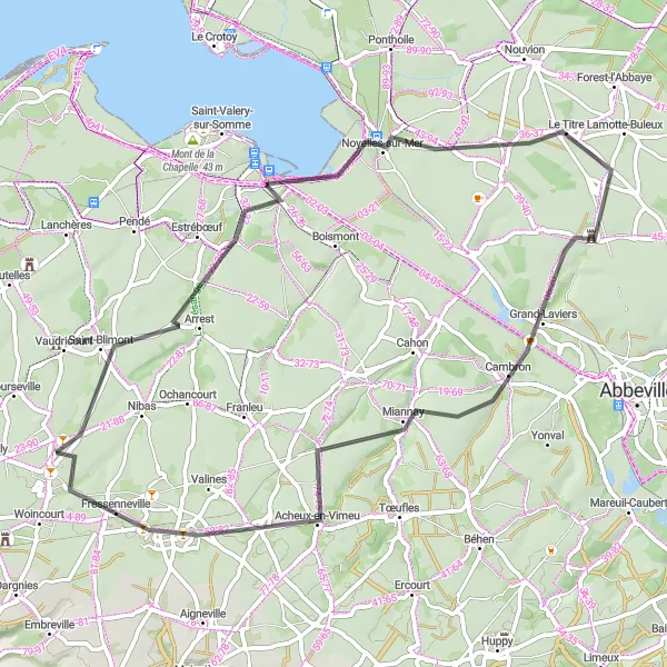 Miniature de la carte de l'inspiration cycliste "Circuit pittoresque de Friville-Escarbotin" dans la Picardie, France. Générée par le planificateur d'itinéraire cycliste Tarmacs.app