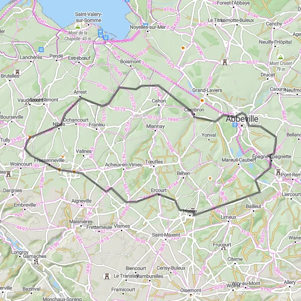 Miniature de la carte de l'inspiration cycliste "Circuit autour d'Abbeville et Épagne-Épagnette" dans la Picardie, France. Générée par le planificateur d'itinéraire cycliste Tarmacs.app