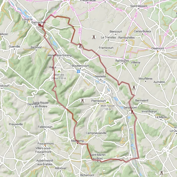 Miniature de la carte de l'inspiration cycliste "Circuit cycliste pittoresque au départ de Gamaches" dans la Picardie, France. Générée par le planificateur d'itinéraire cycliste Tarmacs.app