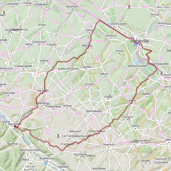 Miniature de la carte de l'inspiration cycliste "Tour en vélo pittoresque autour de Gamaches" dans la Picardie, France. Générée par le planificateur d'itinéraire cycliste Tarmacs.app