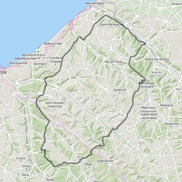 Miniature de la carte de l'inspiration cycliste "Le Tour de Bray" dans la Picardie, France. Générée par le planificateur d'itinéraire cycliste Tarmacs.app