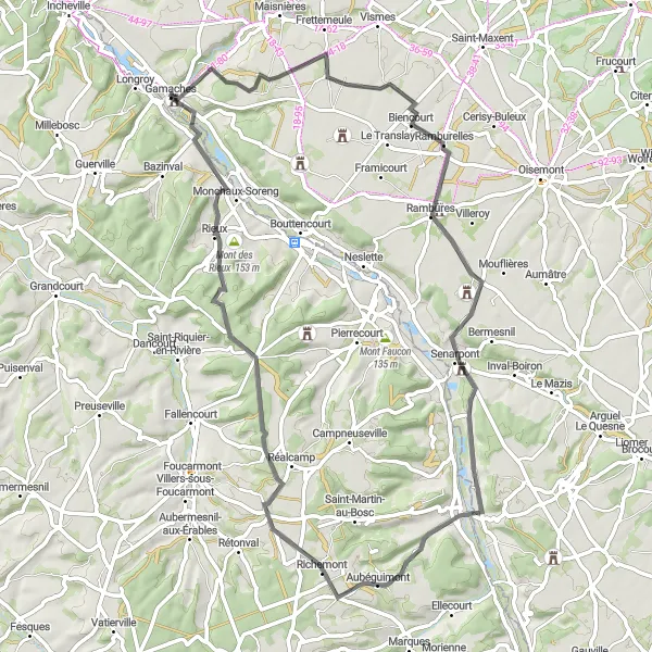 Miniature de la carte de l'inspiration cycliste "Parcours vallonné entre villages typiques" dans la Picardie, France. Générée par le planificateur d'itinéraire cycliste Tarmacs.app