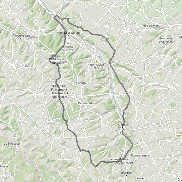 Miniature de la carte de l'inspiration cycliste "Grande boucle entre villages et vallons" dans la Picardie, France. Générée par le planificateur d'itinéraire cycliste Tarmacs.app
