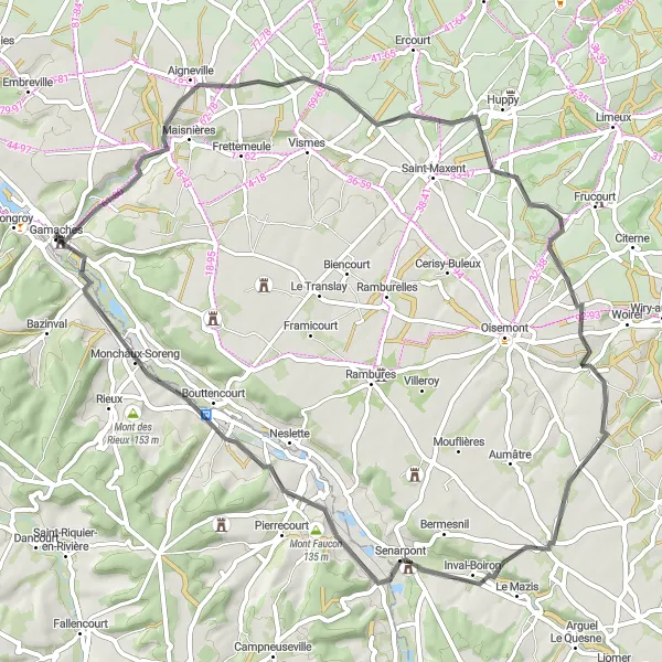 Miniature de la carte de l'inspiration cycliste "Boucle pittoresque autour de Gamaches" dans la Picardie, France. Générée par le planificateur d'itinéraire cycliste Tarmacs.app