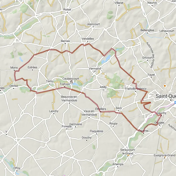 Map miniature of "Gravel Wonderland" cycling inspiration in Picardie, France. Generated by Tarmacs.app cycling route planner