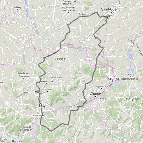 Miniature de la carte de l'inspiration cycliste "Boucle Gauchy et Fréniches" dans la Picardie, France. Générée par le planificateur d'itinéraire cycliste Tarmacs.app