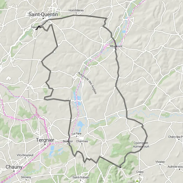Miniature de la carte de l'inspiration cycliste "Route pittoresque Regny et Bertaucourt-Epourdon" dans la Picardie, France. Générée par le planificateur d'itinéraire cycliste Tarmacs.app