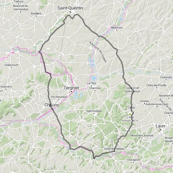 Miniature de la carte de l'inspiration cycliste "Circuit Gauchy et Jumencourt" dans la Picardie, France. Générée par le planificateur d'itinéraire cycliste Tarmacs.app