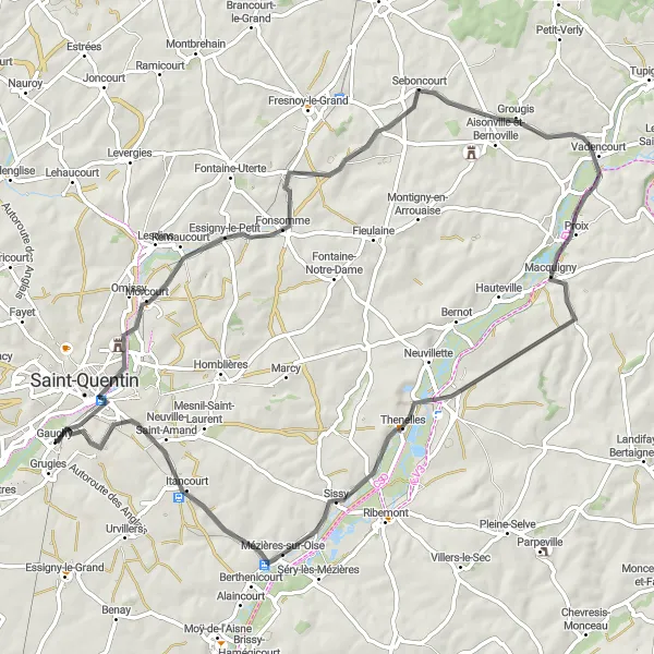 Miniature de la carte de l'inspiration cycliste "Le Parcours des Vignobles et Collines" dans la Picardie, France. Générée par le planificateur d'itinéraire cycliste Tarmacs.app