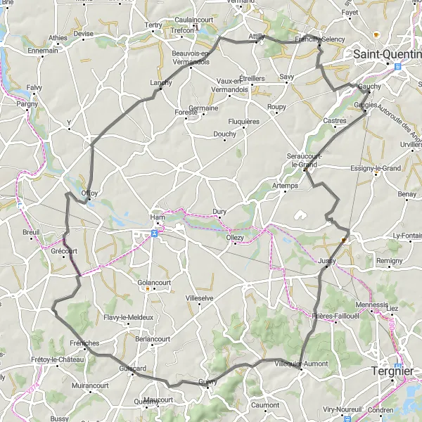 Miniature de la carte de l'inspiration cycliste "La Boucle des Villages de Picardie" dans la Picardie, France. Générée par le planificateur d'itinéraire cycliste Tarmacs.app