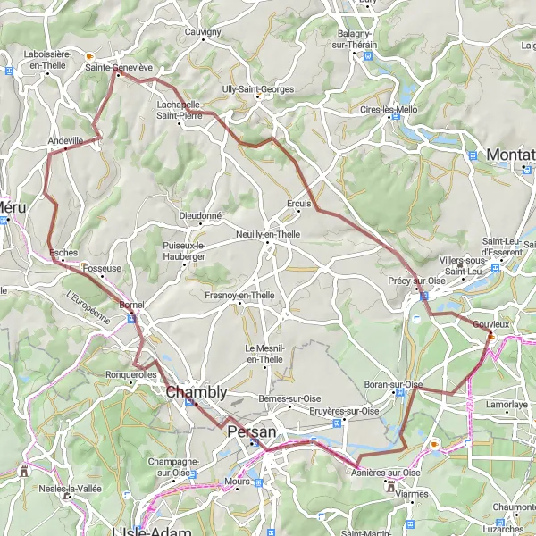 Map miniature of "Exploring Oise River Valley" cycling inspiration in Picardie, France. Generated by Tarmacs.app cycling route planner