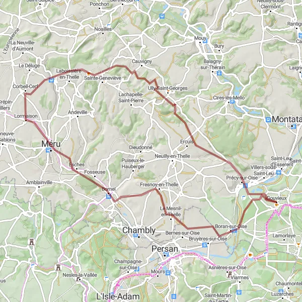 Miniature de la carte de l'inspiration cycliste "Le Tour de l'Oise et l'Aisne" dans la Picardie, France. Générée par le planificateur d'itinéraire cycliste Tarmacs.app