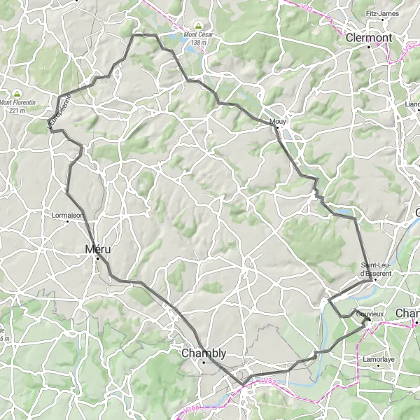 Miniature de la carte de l'inspiration cycliste "Boucle des Églises" dans la Picardie, France. Générée par le planificateur d'itinéraire cycliste Tarmacs.app