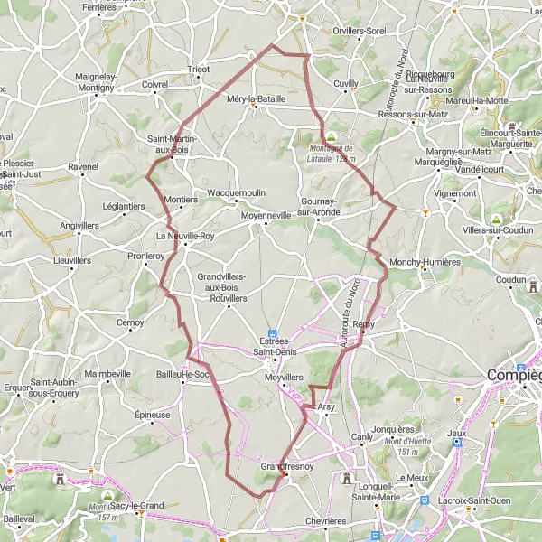 Miniature de la carte de l'inspiration cycliste "Les Sentiers de l'Oise" dans la Picardie, France. Générée par le planificateur d'itinéraire cycliste Tarmacs.app