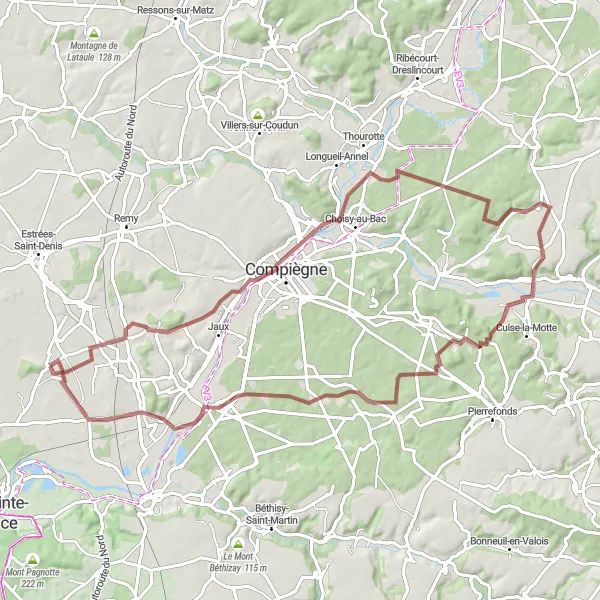 Miniature de la carte de l'inspiration cycliste "Aventure dans les Bois et Collines de l'Oise" dans la Picardie, France. Générée par le planificateur d'itinéraire cycliste Tarmacs.app