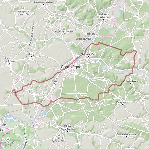 Map miniature of "Gravel Adventure to Trosly-Breuil" cycling inspiration in Picardie, France. Generated by Tarmacs.app cycling route planner