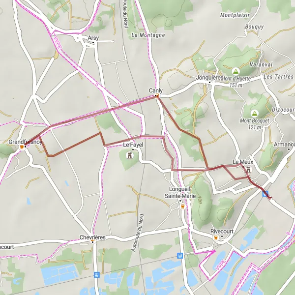 Miniature de la carte de l'inspiration cycliste "Les Chemins de Le Meux" dans la Picardie, France. Générée par le planificateur d'itinéraire cycliste Tarmacs.app