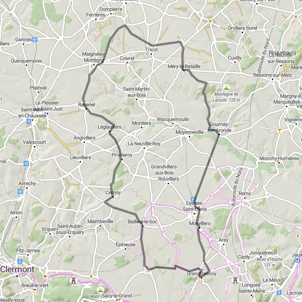 Miniature de la carte de l'inspiration cycliste "La Route des Collines" dans la Picardie, France. Générée par le planificateur d'itinéraire cycliste Tarmacs.app