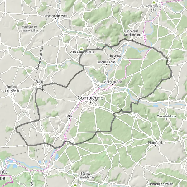 Map miniature of "Grandfresnoy Countryside Loop" cycling inspiration in Picardie, France. Generated by Tarmacs.app cycling route planner