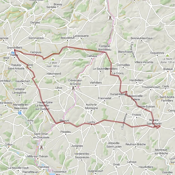 Miniature de la carte de l'inspiration cycliste "Les Collines de l'Oise" dans la Picardie, France. Générée par le planificateur d'itinéraire cycliste Tarmacs.app