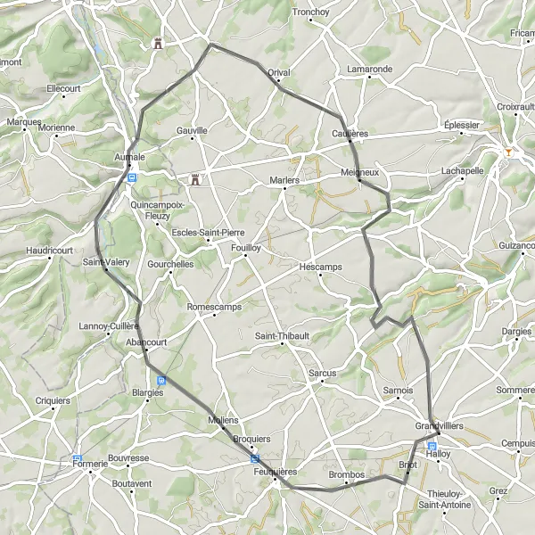 Map miniature of "The Grandvilliers and Beyond" cycling inspiration in Picardie, France. Generated by Tarmacs.app cycling route planner