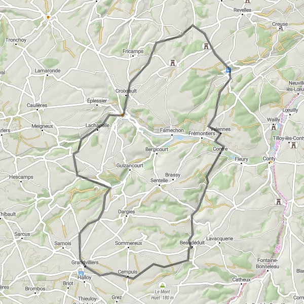 Miniature de la carte de l'inspiration cycliste "Escapade Champêtre en Picardie" dans la Picardie, France. Générée par le planificateur d'itinéraire cycliste Tarmacs.app