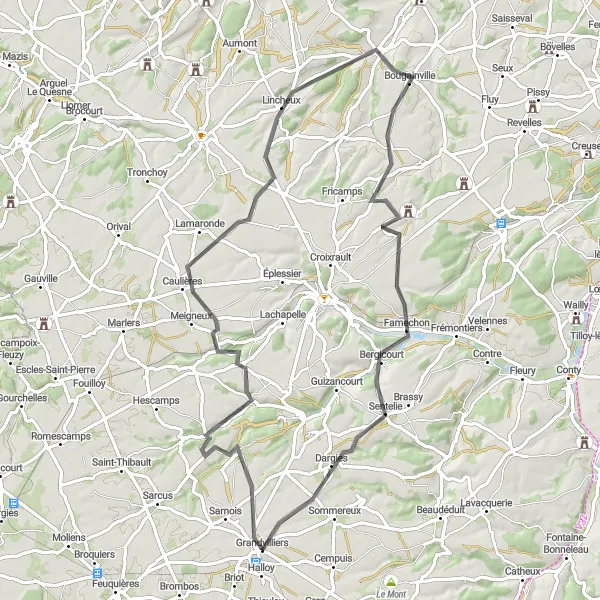 Map miniature of "The Daméraucourt Adventure" cycling inspiration in Picardie, France. Generated by Tarmacs.app cycling route planner