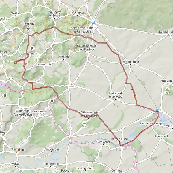 Miniature de la carte de l'inspiration cycliste "Aventure en Vallée de l'Aisne" dans la Picardie, France. Générée par le planificateur d'itinéraire cycliste Tarmacs.app