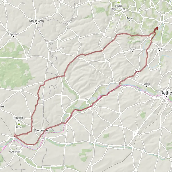 Miniature de la carte de l'inspiration cycliste "Balade dans les Ardennes" dans la Picardie, France. Générée par le planificateur d'itinéraire cycliste Tarmacs.app