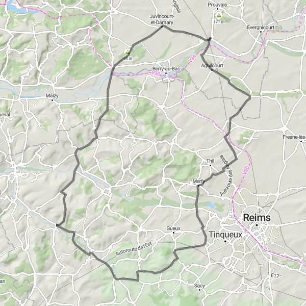 Miniature de la carte de l'inspiration cycliste "Escapade à travers la campagne picarde" dans la Picardie, France. Générée par le planificateur d'itinéraire cycliste Tarmacs.app