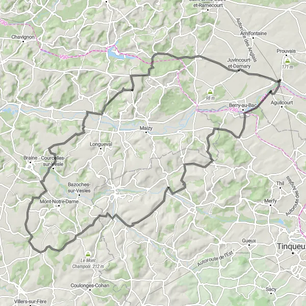 Miniature de la carte de l'inspiration cycliste "Aventure à travers la Vallée de l'Aisne" dans la Picardie, France. Générée par le planificateur d'itinéraire cycliste Tarmacs.app