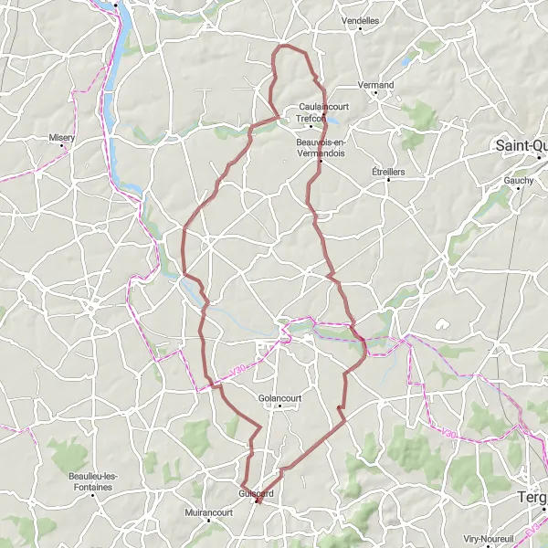 Map miniature of "Unveiling the Treasures of Vermandois" cycling inspiration in Picardie, France. Generated by Tarmacs.app cycling route planner