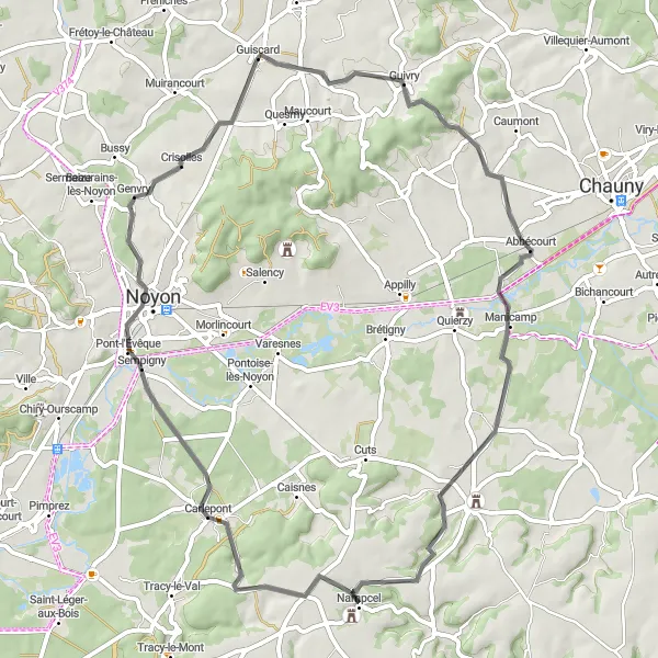 Map miniature of "Challenge Yourself on the Sempigny Loop" cycling inspiration in Picardie, France. Generated by Tarmacs.app cycling route planner