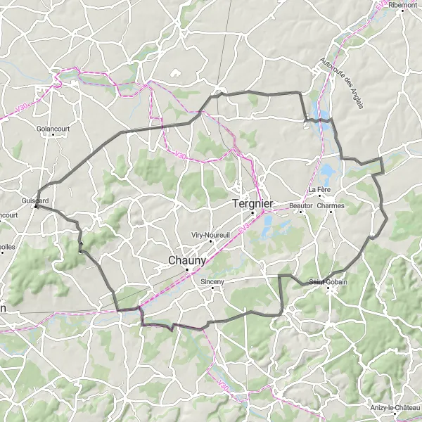 Miniature de la carte de l'inspiration cycliste "Le tour des Châteaux et des Abbayes" dans la Picardie, France. Générée par le planificateur d'itinéraire cycliste Tarmacs.app