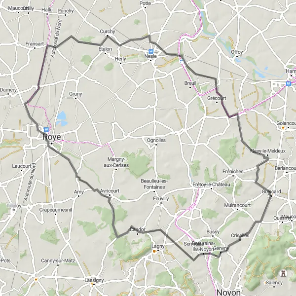 Map miniature of "Road Cycling Tour of Crisolles and Hombleux" cycling inspiration in Picardie, France. Generated by Tarmacs.app cycling route planner