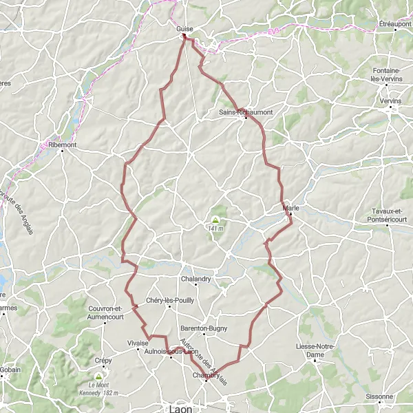 Miniature de la carte de l'inspiration cycliste "Circuit des Villages de l'Aisne" dans la Picardie, France. Générée par le planificateur d'itinéraire cycliste Tarmacs.app
