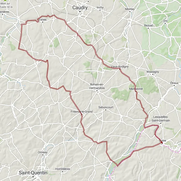 Miniature de la carte de l'inspiration cycliste "Tour des Châteaux de la Thiérache" dans la Picardie, France. Générée par le planificateur d'itinéraire cycliste Tarmacs.app