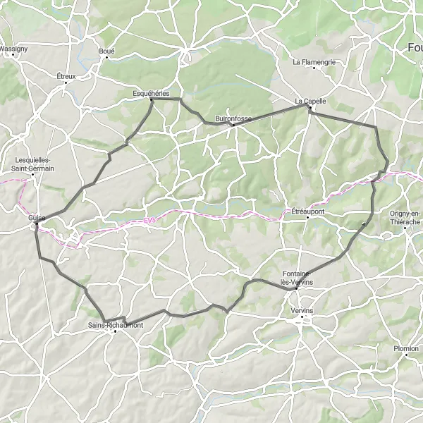 Map miniature of "Esquéhéries Expedition" cycling inspiration in Picardie, France. Generated by Tarmacs.app cycling route planner