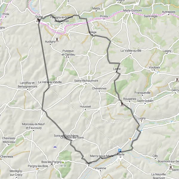 Miniature de la carte de l'inspiration cycliste "Sur les Sentiers de Marle" dans la Picardie, France. Générée par le planificateur d'itinéraire cycliste Tarmacs.app