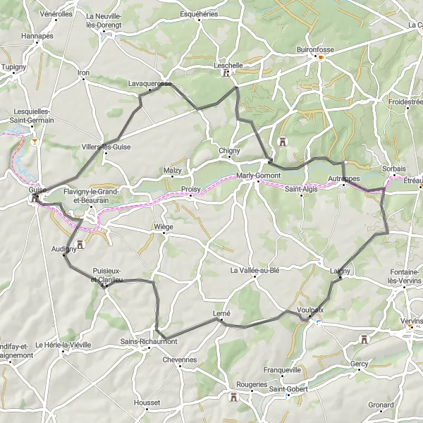 Miniature de la carte de l'inspiration cycliste "Les Villages de la Thiérache" dans la Picardie, France. Générée par le planificateur d'itinéraire cycliste Tarmacs.app