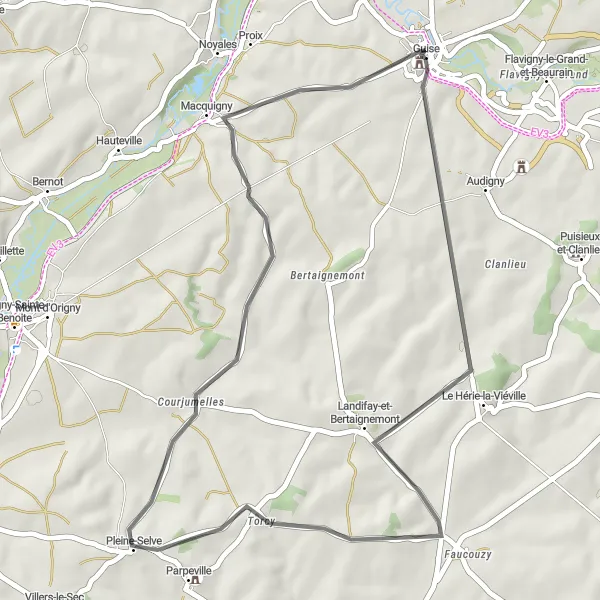 Miniature de la carte de l'inspiration cycliste "Boucle de la Thiérache" dans la Picardie, France. Générée par le planificateur d'itinéraire cycliste Tarmacs.app