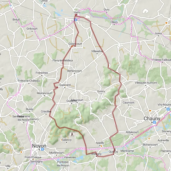 Miniature de la carte de l'inspiration cycliste "Parcours Gravel à Beaumont-en-Beine" dans la Picardie, France. Générée par le planificateur d'itinéraire cycliste Tarmacs.app